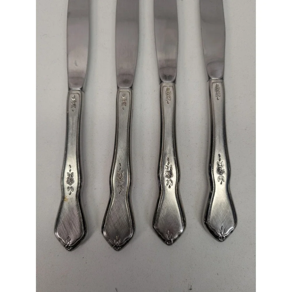 Set Of 4 Silver Floral Handle Dinner Knives Brushed Flatware‎ Table Utensils
